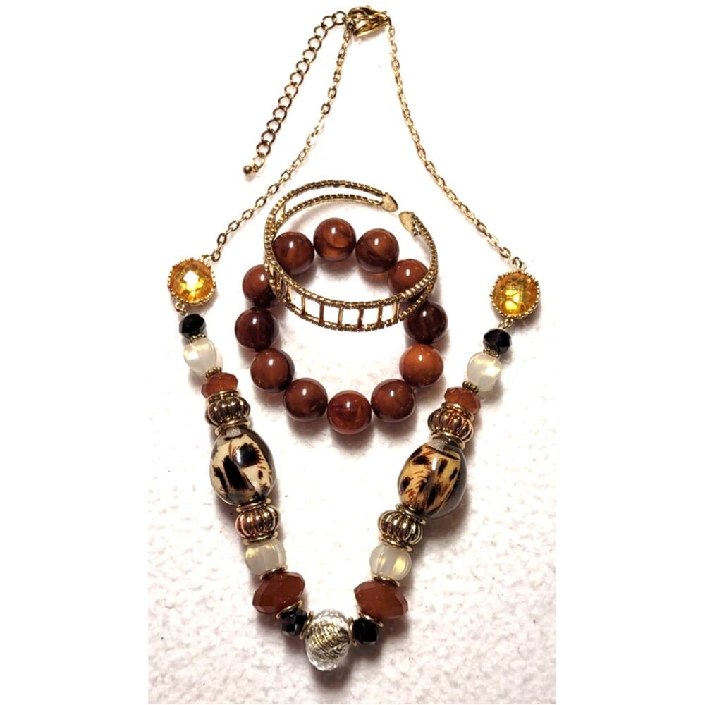 Brown Neutrals Necklace Stretch Cuff Bracelet Lot Beaded Animal Print